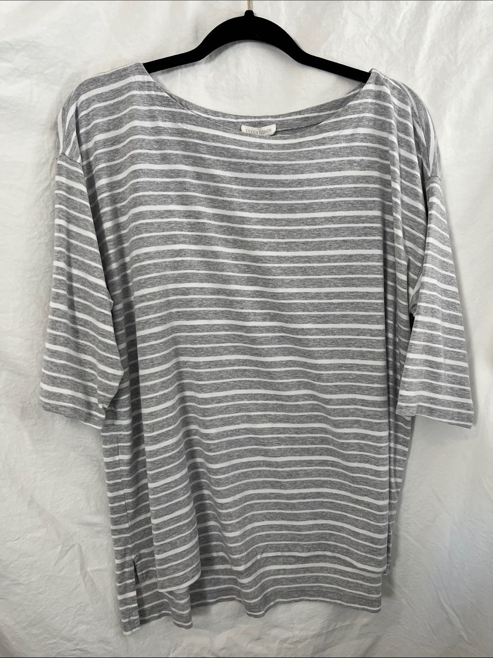 Eileen Fisher Gray & White Striped Tencel Tee 3/4 Sleeve Size Large